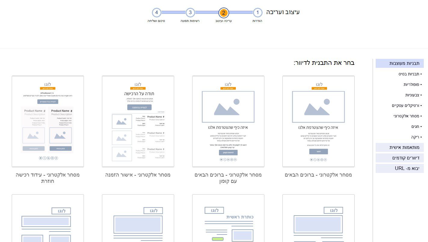 בחירת תבנית ניוזלטר מעוצבת במערכת inforu - גלריית תבניות מוכנות לפי קטגוריות: מסחר אלקטרוני, חגים ועוד