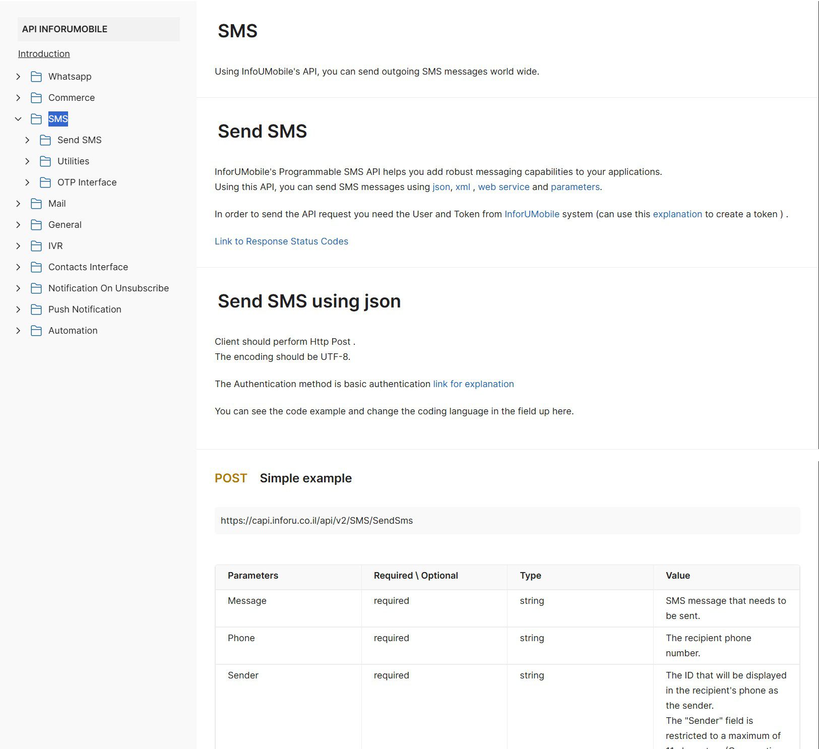 תיעוד SMS API של inforu - קריאת POST לשליחת SMS עם הפרמטרים Message, Phone ו-Sender