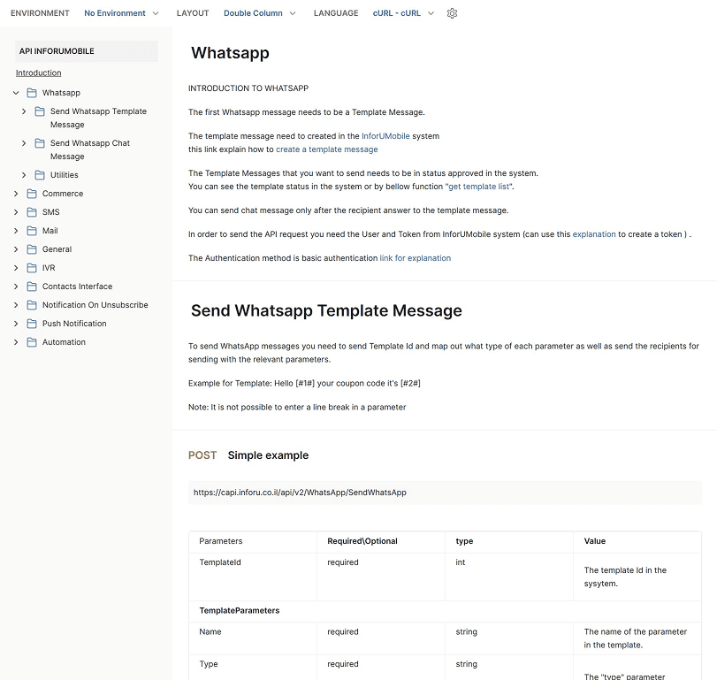 תיעוד WhatsApp API של inforu - קריאת POST לשליחת הודעת תבנית וטבלת פרמטרים