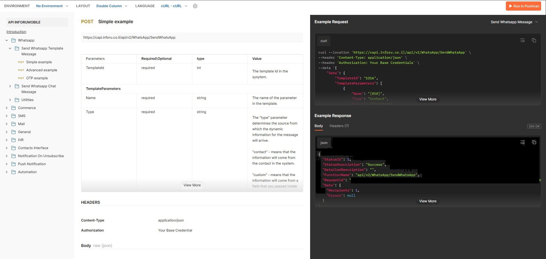 תיעוד WhatsApp API של inforu - קריאת POST לשליחת הודעת תבנית עם דוגמת curl ותגובת JSON